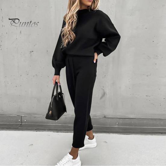 Solid Color 2 Pcs/Set Women Tracksuit Loose Half Turtleneck Casual Elastic Waist Keep Warm Drawstring Sportwear Sweatshirt Sweatpants Suit
