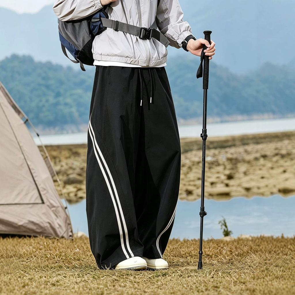Spring and summer new European scimitar striped loose khaki wide-leg casual pants men's very light pants