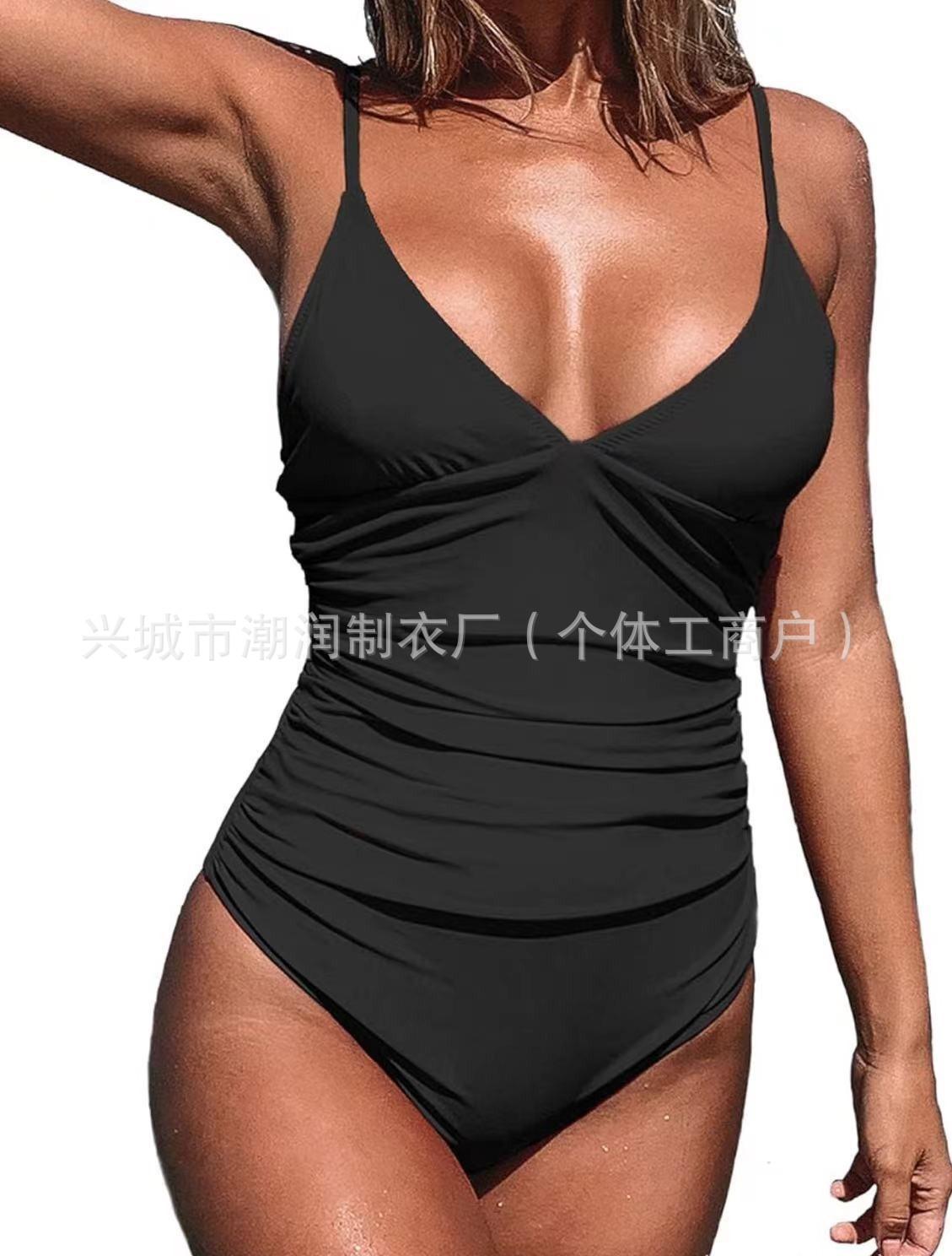 

New women s sexy belly tuck-in one-piece V-neck gathering sexy swimsuit multi-colored swimsuit XXXL чорний