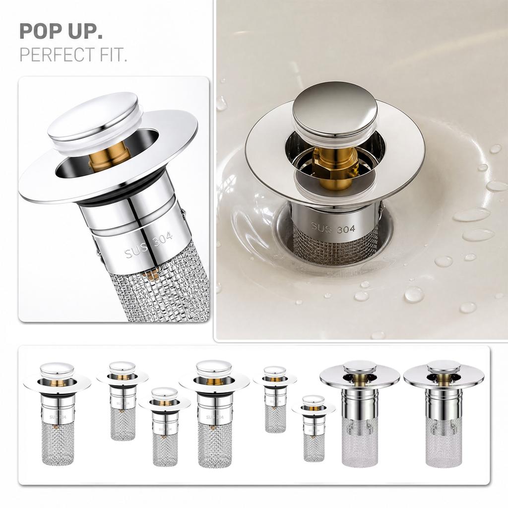 Pop Up Drain Stopper for Bathroom Sink Stainless Steel 304 Press Down Drain Plug with Mesh Strainer for Basin Drain Replacement