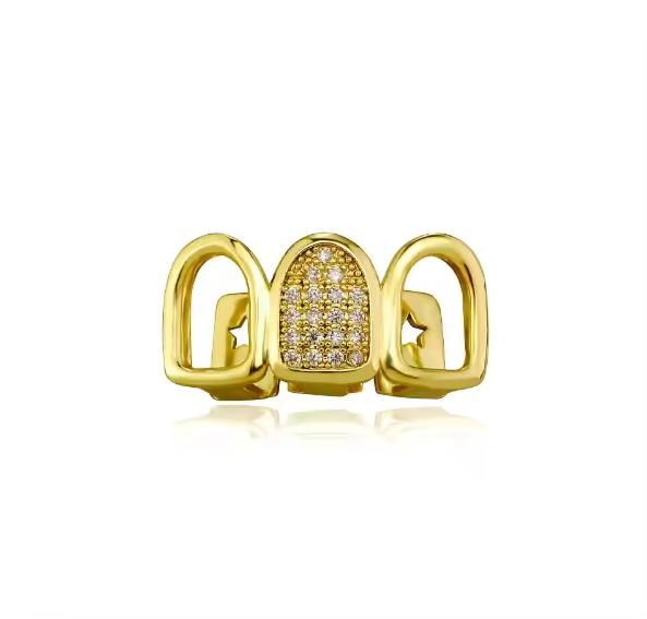 1G-205 for European American Hollow Three-Row Personalized Gold-Plated Zircon-Studded Unisex Braces Halloween Hip-Hop Teeth