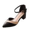 WTEMPO Color-blocking Sandals Women's Spring and Summer Thick Heels Pointed Toe Middle Heels Flat Buckle High Heels Anti-slip and Wear-resistant