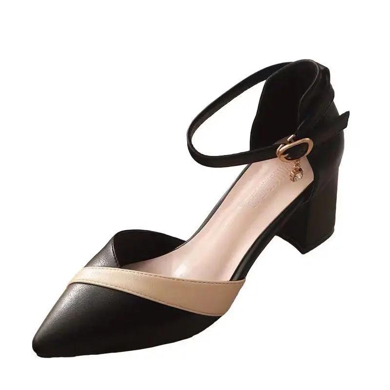 WTEMPO Color-blocking Sandals Women's Spring and Summer Thick Heels Pointed Toe Middle Heels Flat Buckle High Heels Anti-slip and Wear-resistant
