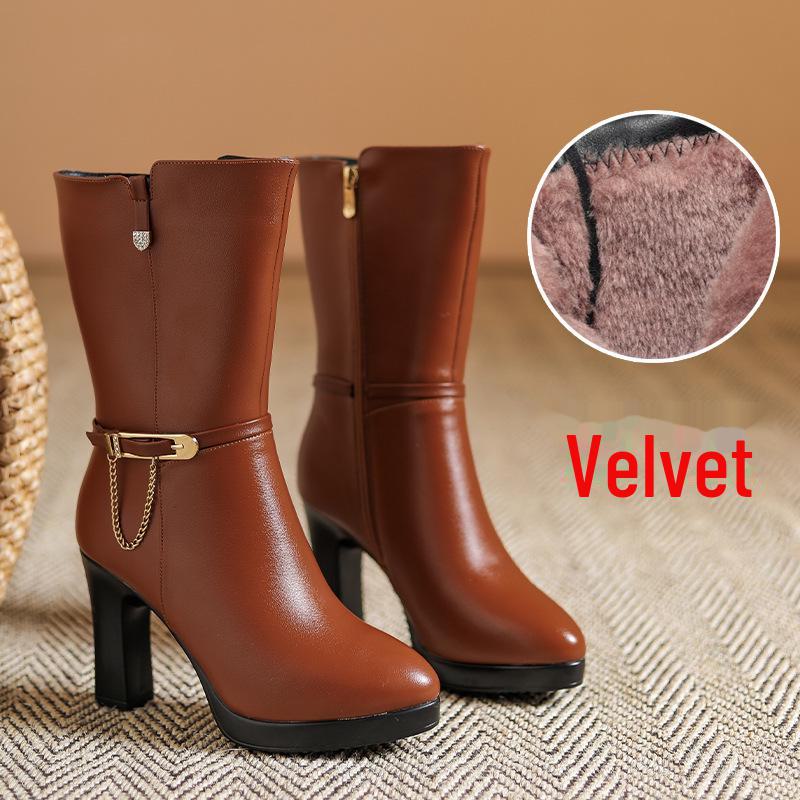 

Женские сапоги до середины икры на высоком каблуке - весна/осень 2023 года из бархатной кожи для мам среднего возраста YZL2386-1; 37 коричневый