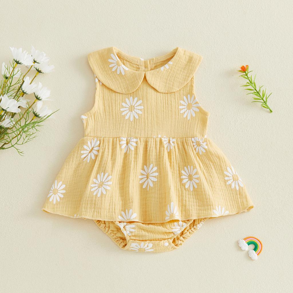 Infant Baby Girl Romper Dress Summer Doll Collar Sleeveless Daisy Flower Print Jumpsuit