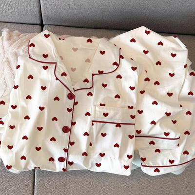 Spring Autumn Women's Pajamas Loungewear Set Girl Love Cardigan Pajamas Crinkled Fabric Loungewear Long Sleeve Set