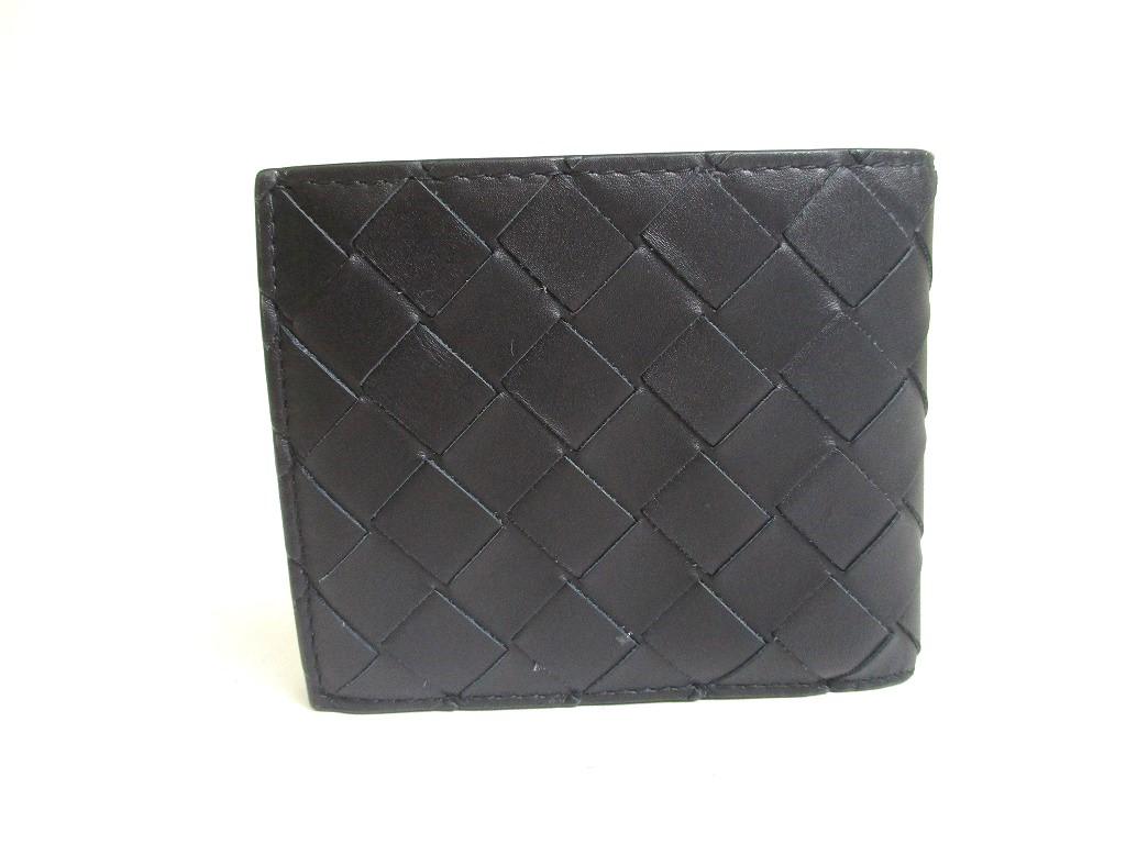 Authentic BOTTEGA VENETA Intrecciato Black Blue Leather Bifold Wallet Compact Wallet #a425  Refurbished