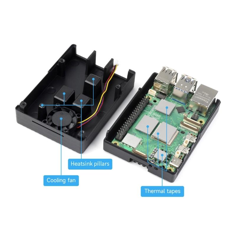 Aluminum Case Stripe Grooved Surfaces for RPi 5 Metal Enclosure with Built-In Cooling Fan Heatsink Pad