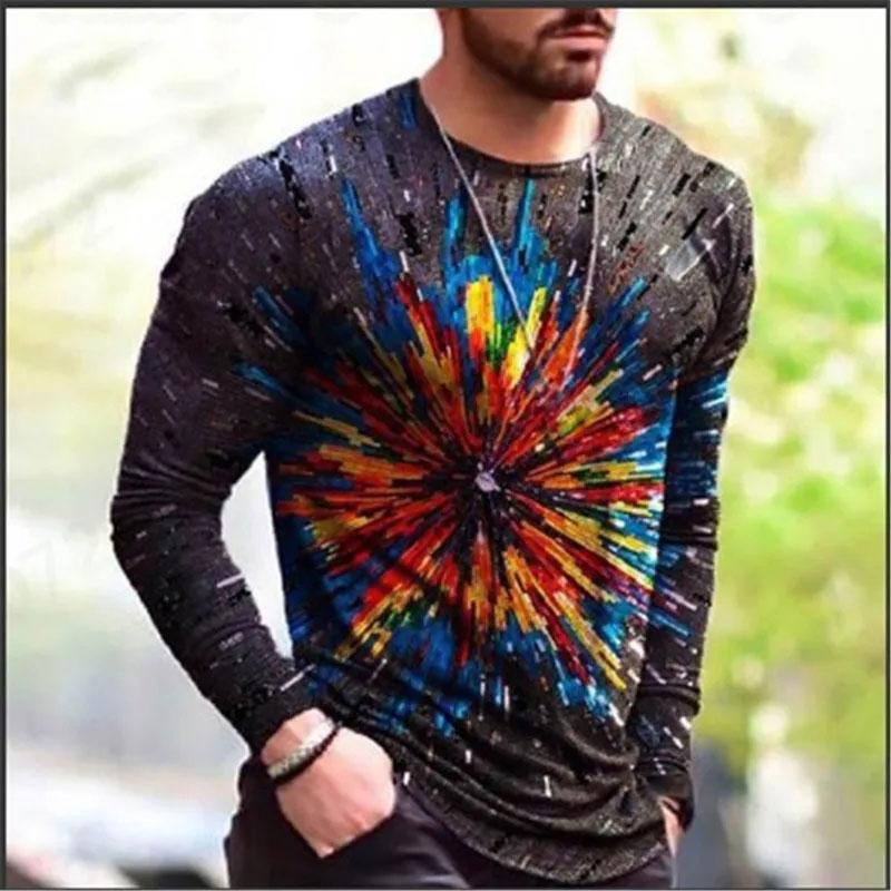 Modny Wzór Europejski T-shirt z Długim Rękawem Dla Mężczyzn Casualowy Jesienny Trend Top Okrągły Dekolt T-shirt Odzież