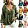Women's Fashion Long Sleeve V-Neck Pullover Top with Tie and Elastic for Everyday Wear