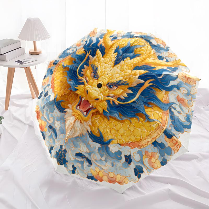 Golden Dragon  Pattern, Automatic Folding Umbrella, Portable and Foldable Design, 8 Ribs, a Christmas or Birthday Gift.