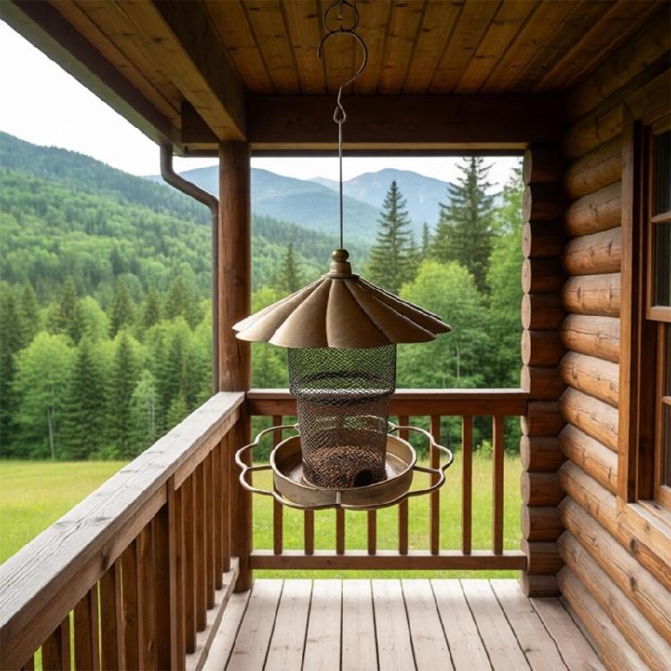 Balcony Hanging Bird Feeder with Antique Gold Finish, Flower Cover, Mesh Food Container, and Foldable Iron Structure