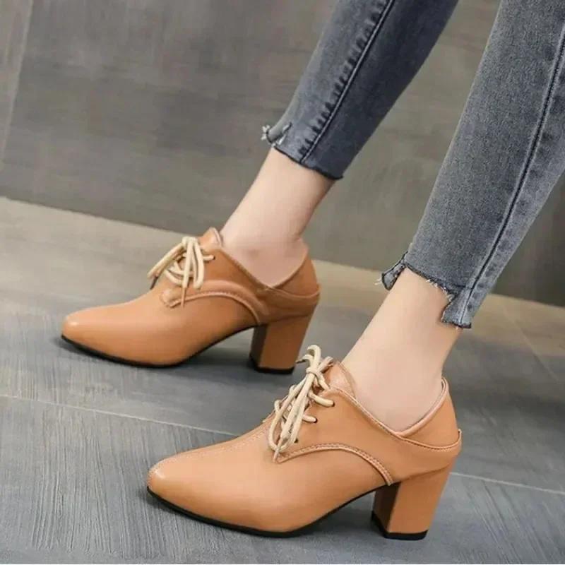 Fashion Ladies High Heels 2024 New Temperament Pumps Lace Up Hollow Breathable Low-top Shoes Round Toe Talon Femme Retro Zapatos Mujer