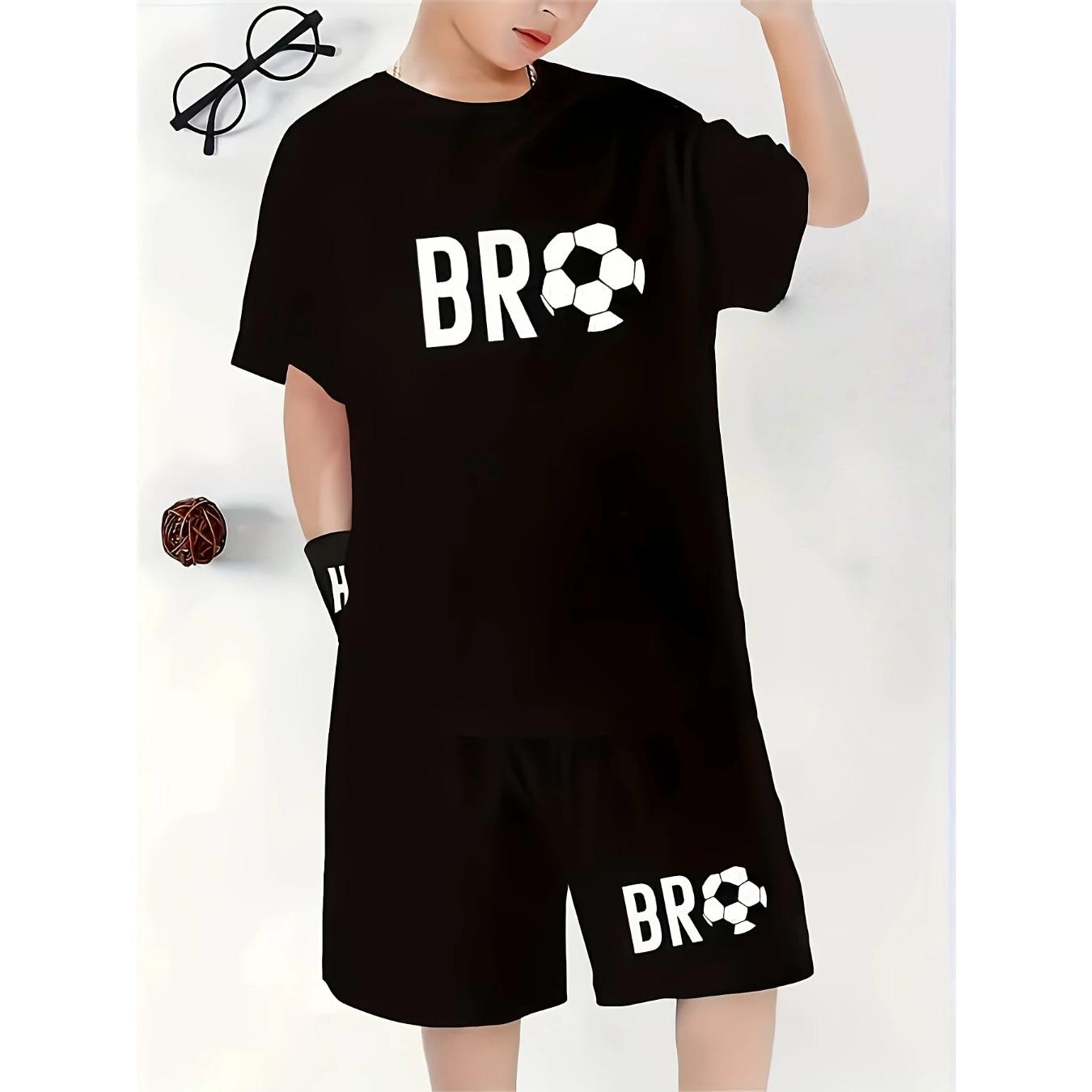 

Boys Fashion Letter Pattern T-Shirt and Shorts Set, Comfortable for Outdoors 13-14Y