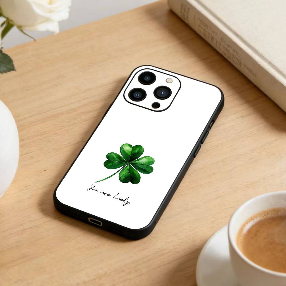 Lucky-Four-leaf Clover Phone Case For iPhone 17 16 15 14 13 12 Max Plus Silicone Black Cover