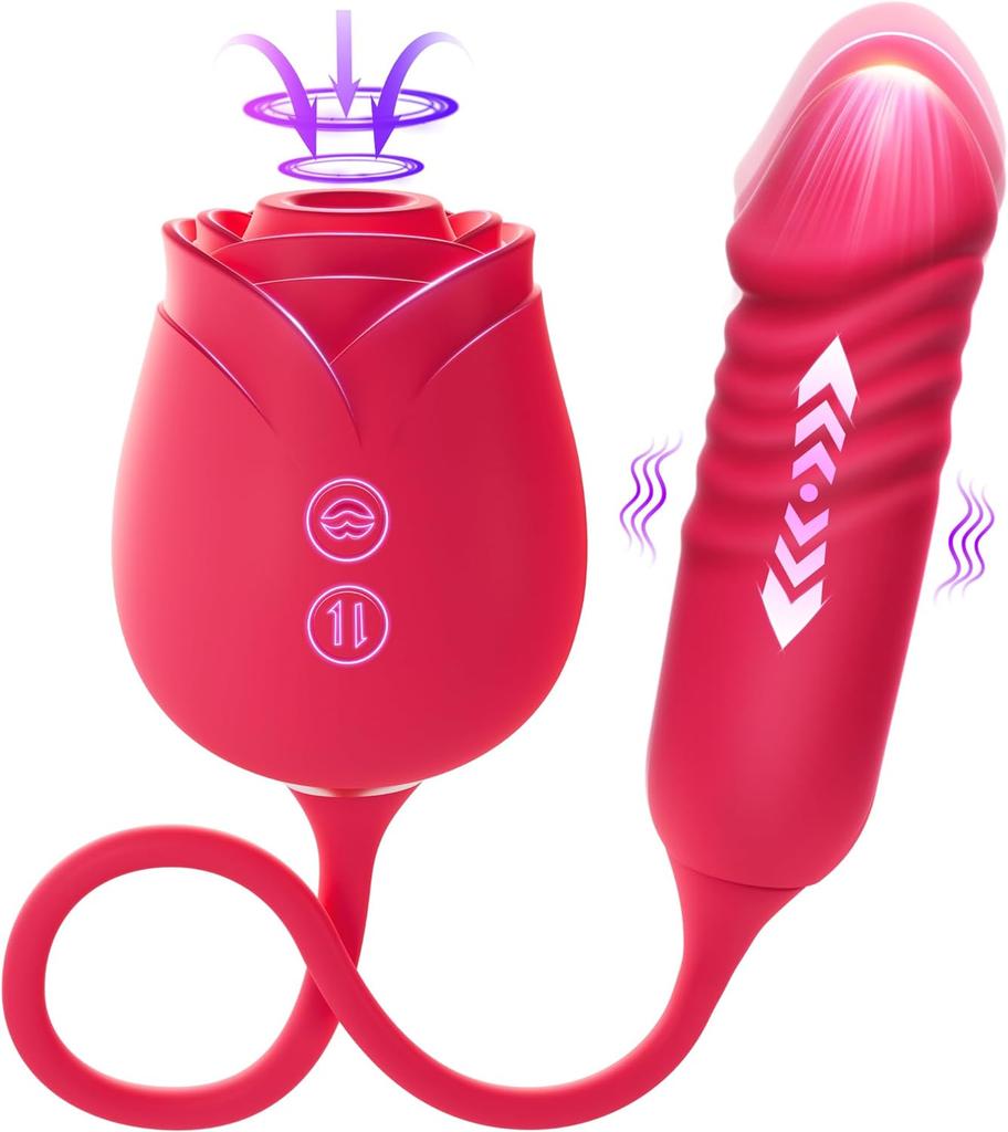 Rose Sex Toy with Thrusting G Spot Vibrators & 10 Sucking Modes for Clitoral Nipple Stimulation Anal Double-Ended Dildos Adult Sex Toys