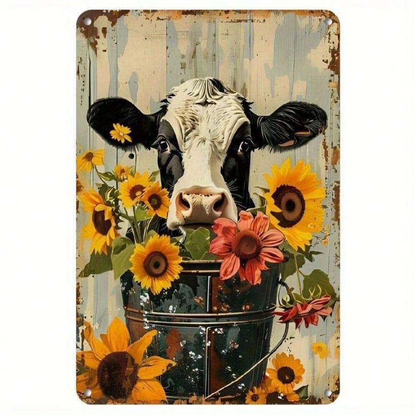 Vintage Cow Sunflower Metal Wall Art Sign for Bar Garage
