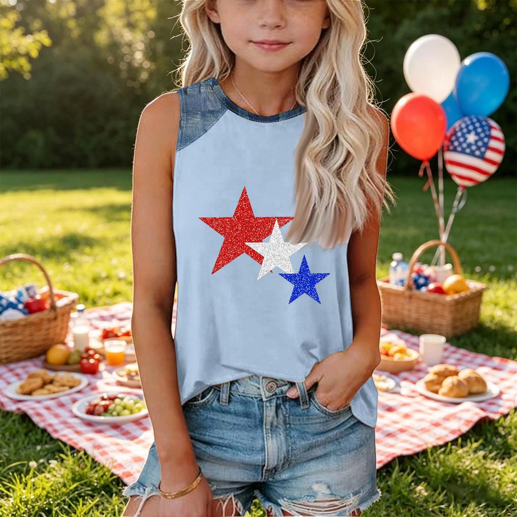 Girls Sleeveless Loose Fit Tank Top Round Neck T Shirt with Star Pattern Denim Patchwork Summer Casual Tee for Kids