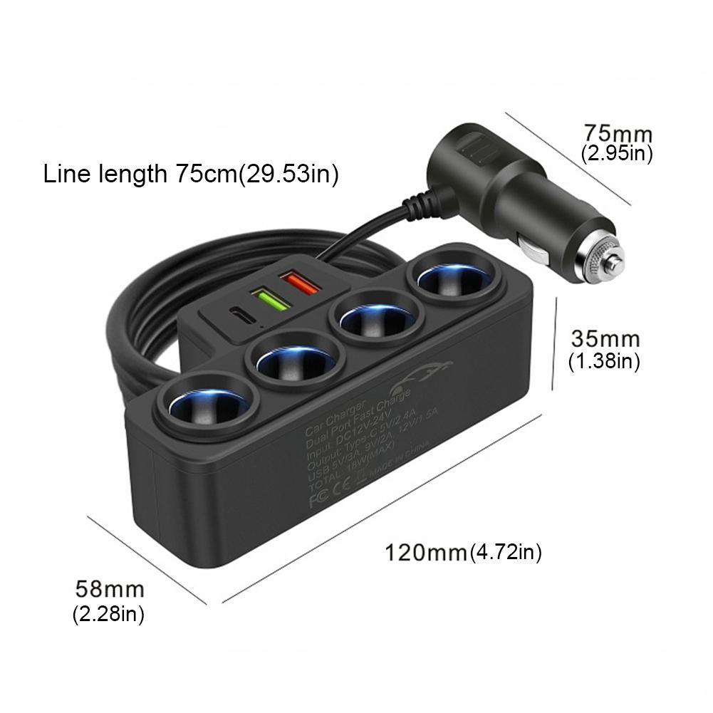 Car Cigarette Lighter Splitter QC3.0+PD 3.1A 12V-24V Phone Power Adapter 4-Socket 18W Car Cigarette Lighter Socket Splitter Plug