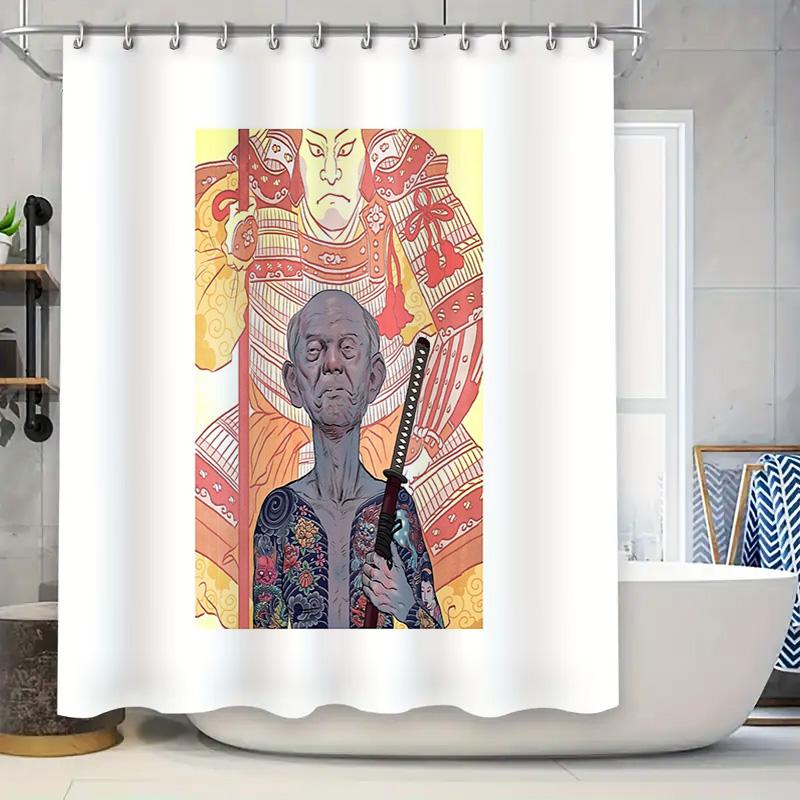 Japanese Samurai Shower Curtain Artistic Ninja Warrior Backdrop Washroom Decor Traditional Japan Home Textile Tapestry (as the picture,90x180cm)