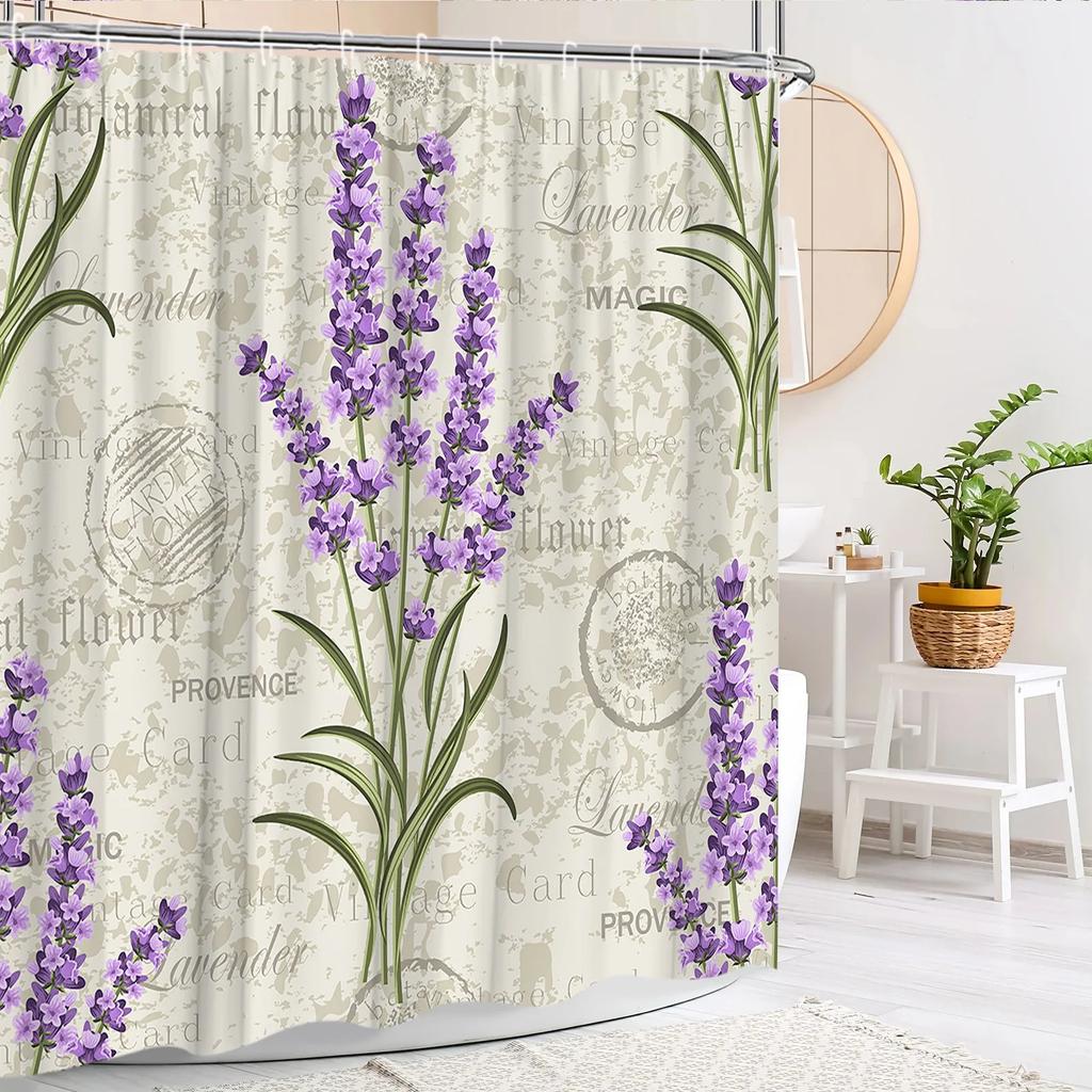 Floral Shower Curtain Purple Lavender Farm Green Leaf Butterfly Rustic Wood Panel Modern Polyester Fabric Bathroom Decor Curtain