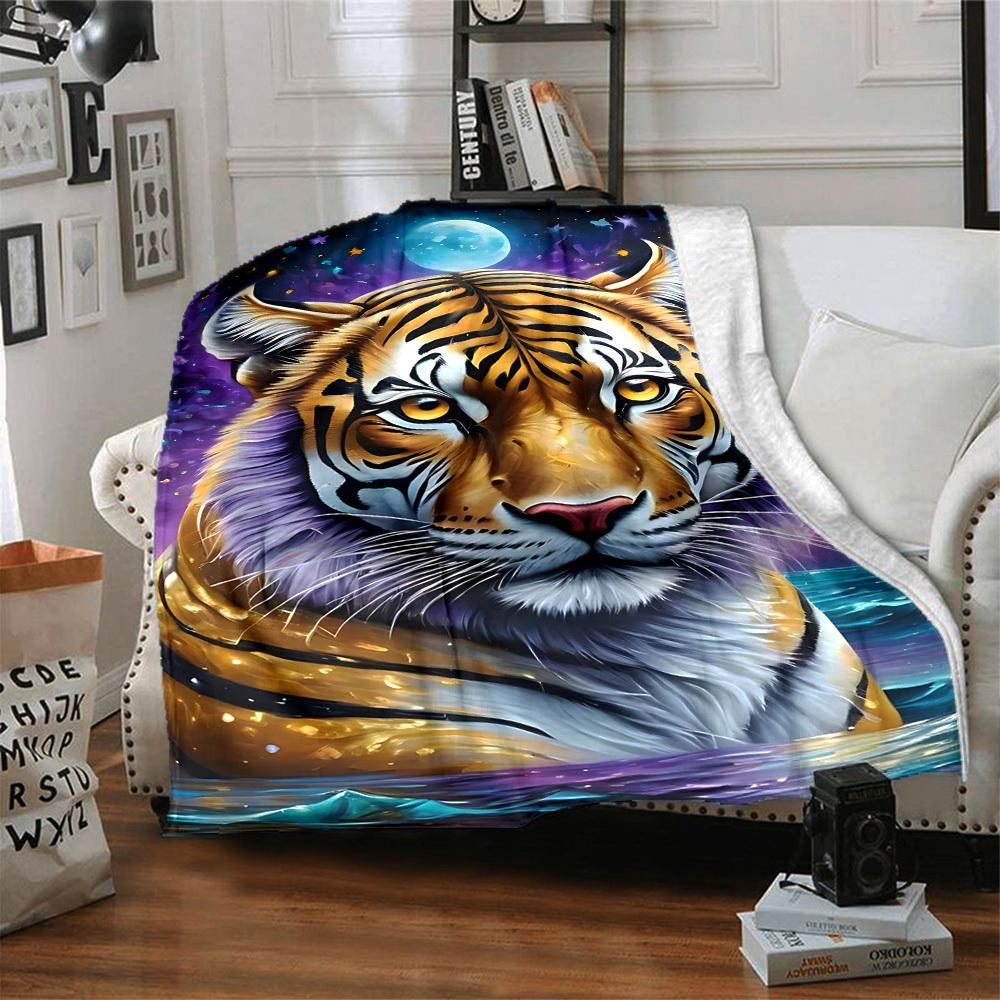 1pc Tiger Moon Night Print Blanket Lightweight Flannel Blanket Throw Blanket For Sofa, Bed, Travel, Camping Yy2509026140