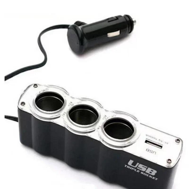 Car Lighter Adapter Charger Adapter Triple Splitter Lighter Output 12V ABS Black Cigar Car Adapter Lighter Multi Socket USB Port