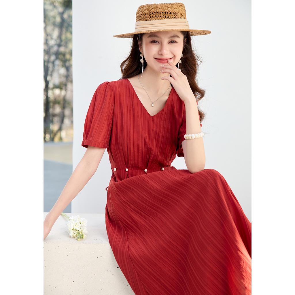 26 year new summer short sleeved skirt V-neck slimming versatile high-end waist cinching mid length skirt elegant A-line skirt dress