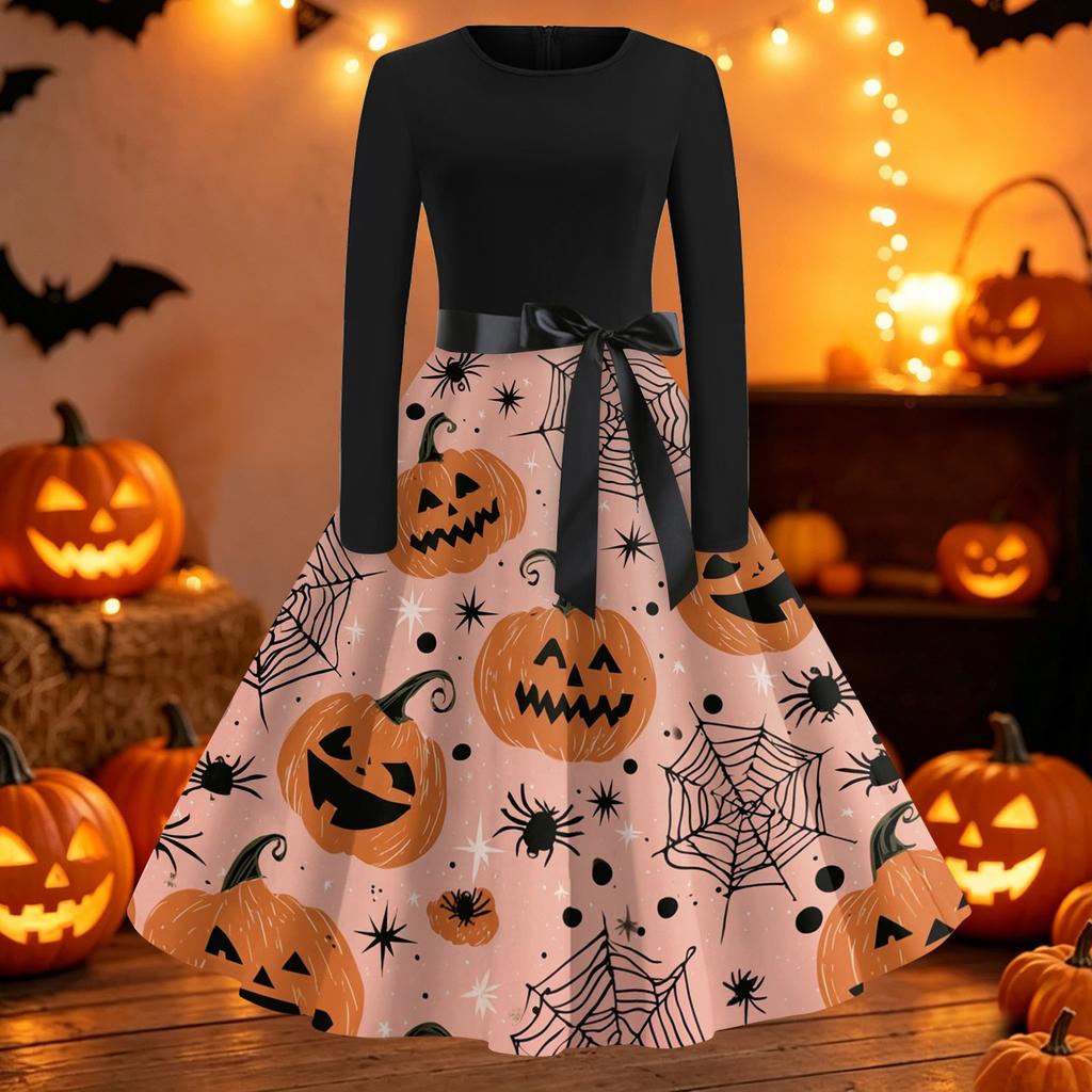 Womens Casual Long Sleeve Halloween Dress Round Neck Fit and Flare Midi Dress with Printed Skirt and Waist Tie Belt