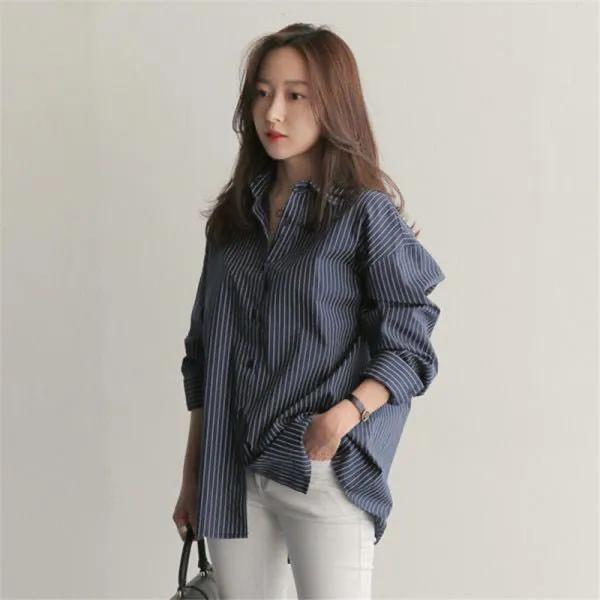 Spring Autumn Women's Striped Blouse Long Sleeve Single Breasted Casual Loose Korean Shirts Top Female
