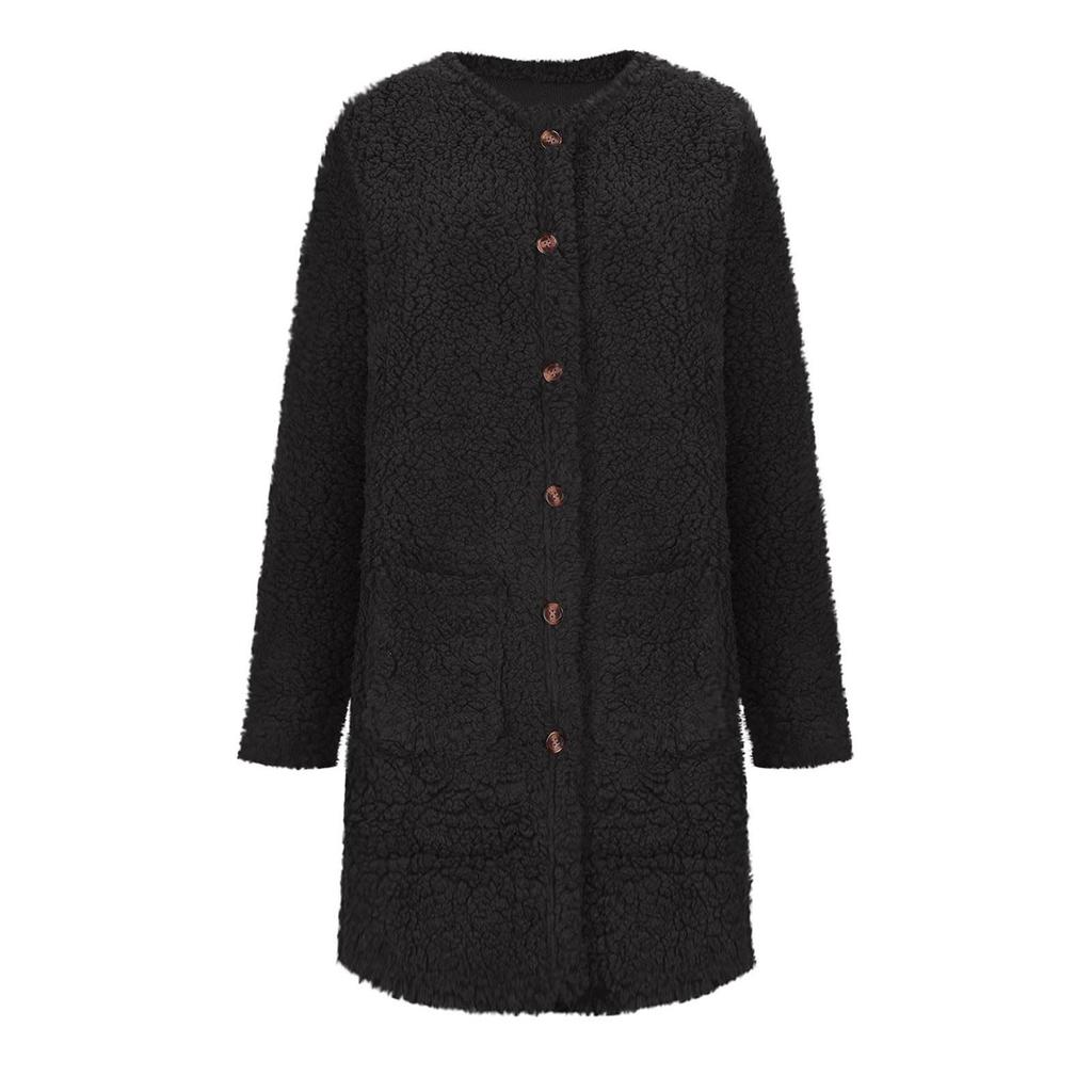 Women's Casual Solid Color Round Neck Long Sleeve Plush Casual  Jacket