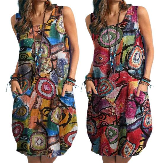 Frauen Kleid Bunte Graffiti Print Lose Rundhals Bohemian Ärmellose Taschen Urlaub Knie Länge Weich