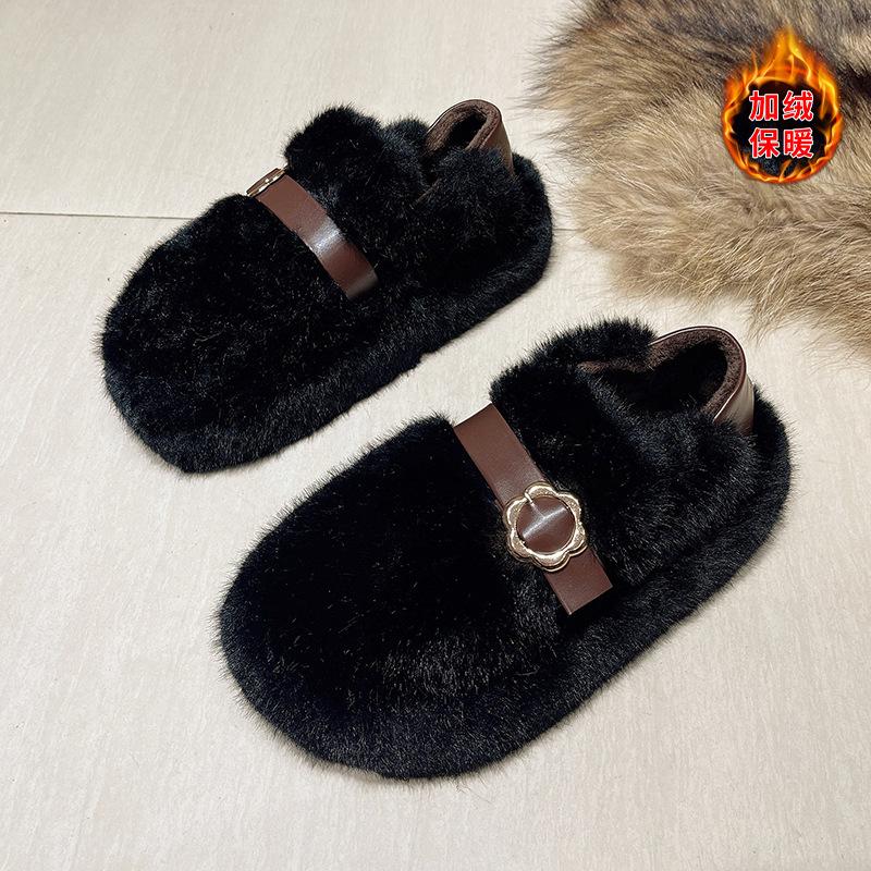 

Lamb wool warm wool shoes women s 2025 new winter thick-soled belt buckle, velvet warm one-pedal cotton shoes 40 чёрный
