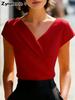 Elegantes weißes V-Ausschnitt Slim Fit Kurzarm-Damenoberteil