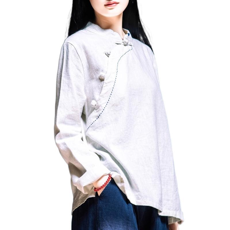 Cotone Lino Vintage Collo Alto Manica Lunga Donna Primavera Autunno Stile Cinese Servizio Tè Pullover Top Manica Lunga