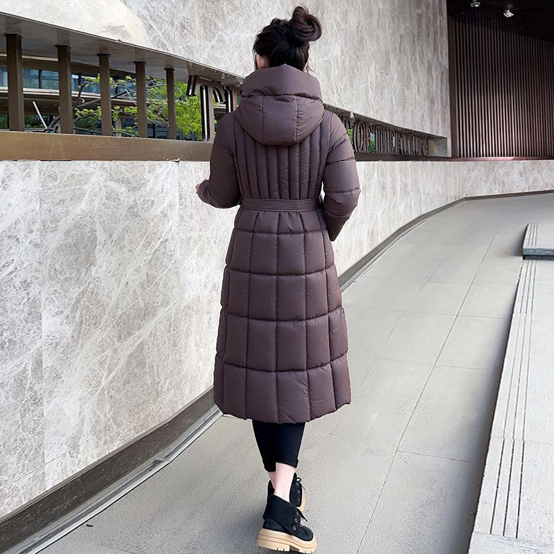 Large size cotton-padded clothes for women over the knee, long slim and thin belt, solid color fashion cold-proof clothes, large cotton-padded clothes