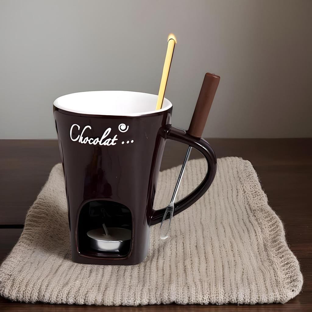 130ml Chocolate Fondue Cup European Candle Cup Ceramic Mug Heating Food Cheese Creative Coffee Mug With Fork  Melter Cups