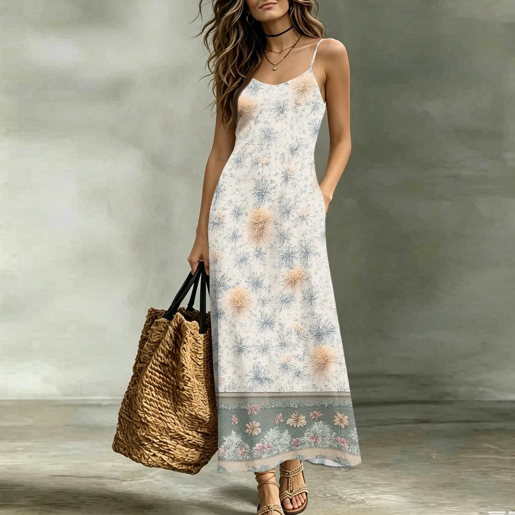 Women’s V Neck Sleeveless Maxi Dress with Adjustable Spaghetti Straps and Floral Print for Summer Beach Wear