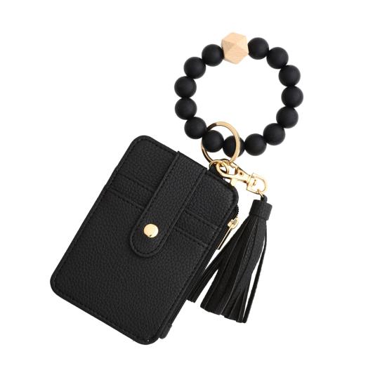 

Богемный стиль брелок-кошелек с бисерной кисточкой, браслет на запястье, визитница, искусственная кожа, сумка с несколькими отделениями чёрный