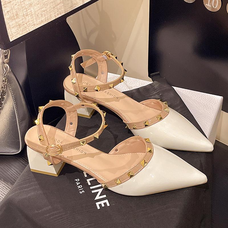 French pointed rivet high heel bag head sandals female 2025 summer new one word with fairy style skirt Roman shoes