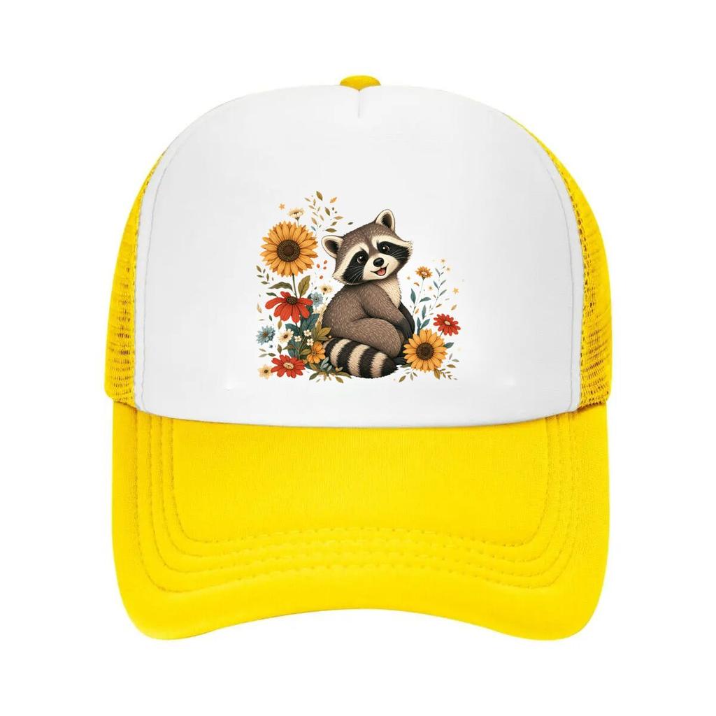 Whimsical Forest Raccoon Floral Port Mesh Baseball Cap Casual Hat Outdoor For Womens Unisex FeUnisex