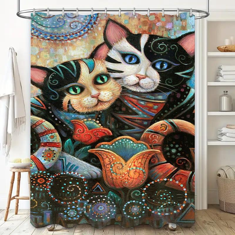 Colorful Cat Shower Curtain Home Decor Artistic Print Wall Hanging For Bathroom Decoration 69X70 Inches