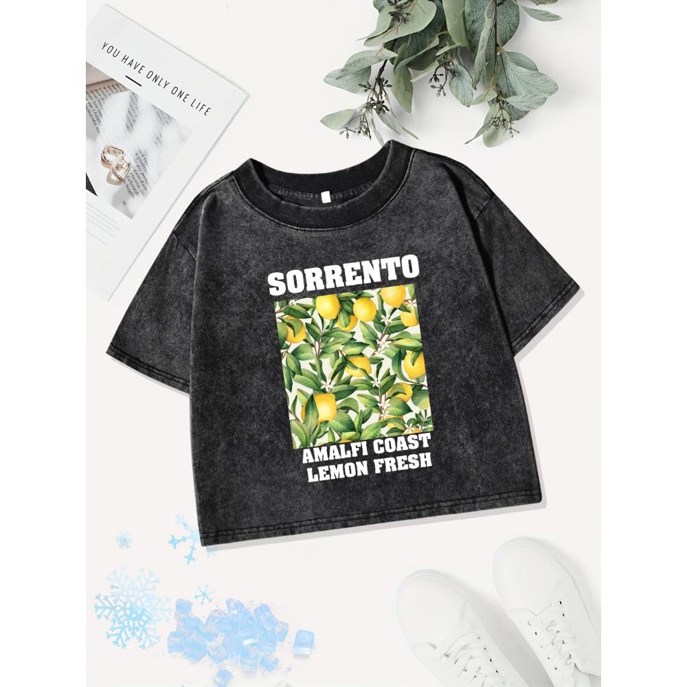 Y2K Cotton Crop Tops Women Sorrento Amalfi Coast Lemon Printing Washed T-Shirt Regular Fit O-Neck Tees Street Clothes