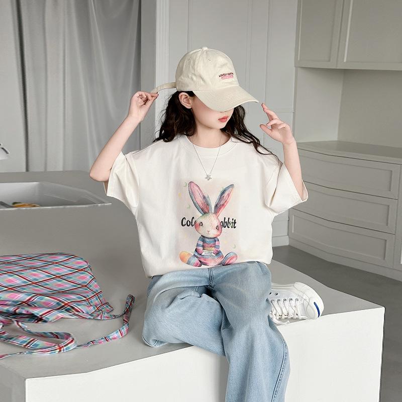 

Повседневная футболка из чистого хлопка с мультяшным принтом для девочек, весна/лето 2025, с коротким рукавом 160 cm