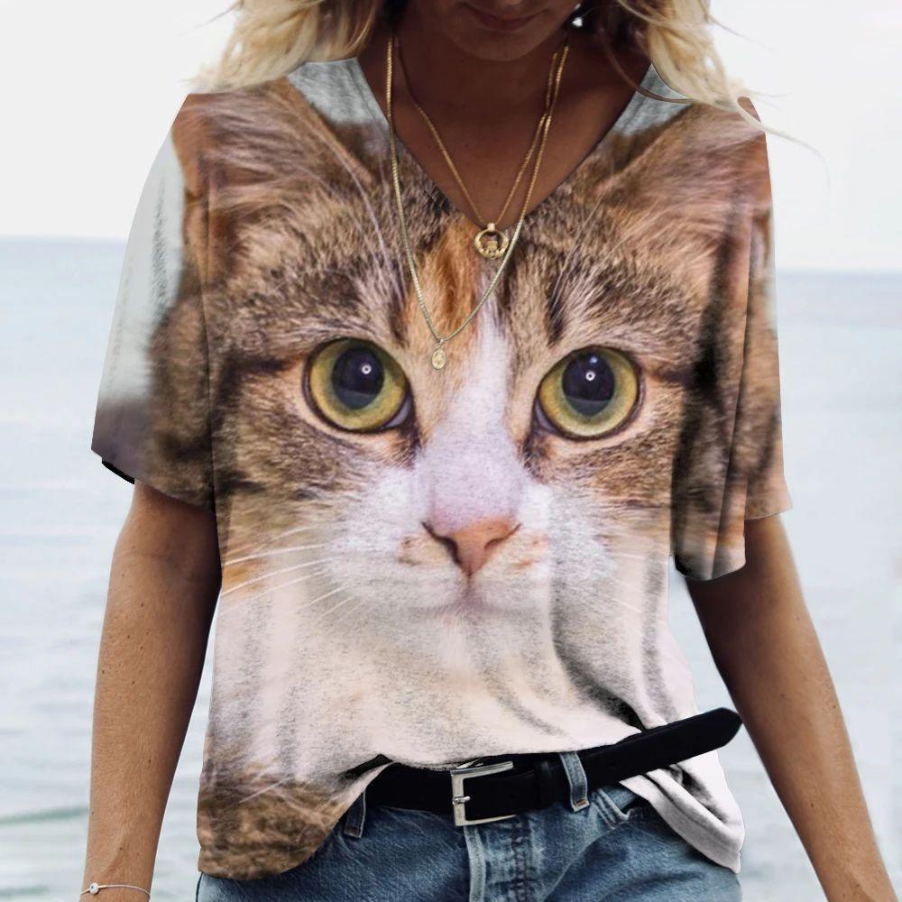 Summer V-neck 3D Cute Animal Cat Printed Top Fashionable Casual Short Sleeved Women's T-shirts