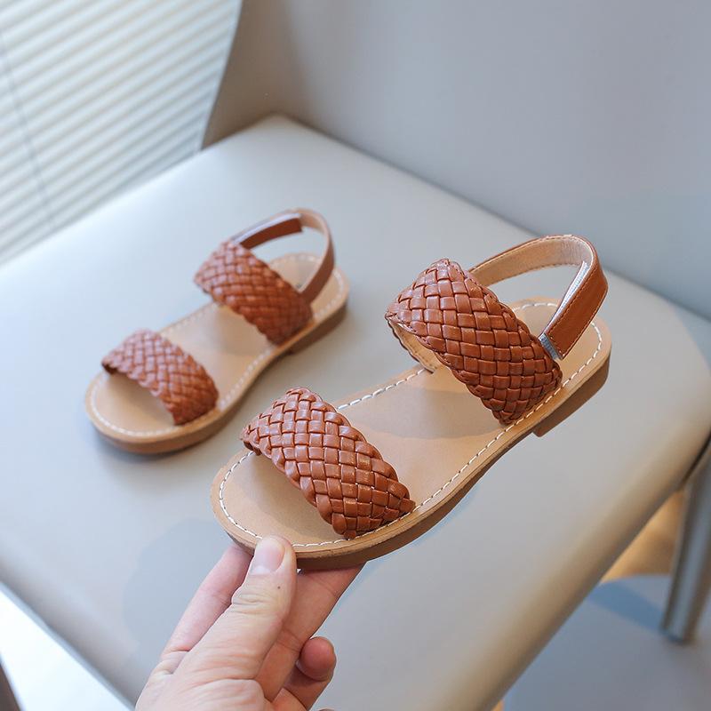 

Summer Girls Solid Color Woven Sandals Breathable Toddler Beach Kids Shoes 30