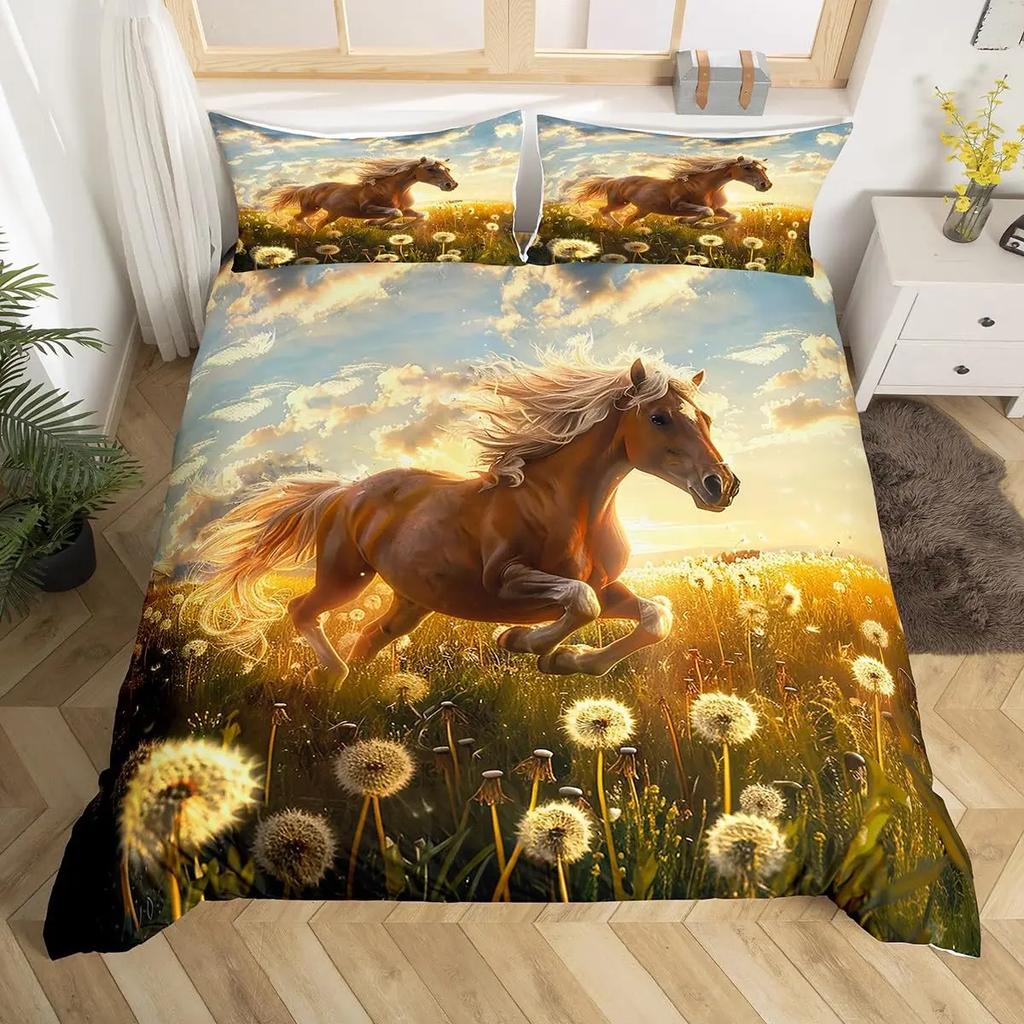 Cherry Blossom Horse Comforter Cover Twin for Kids Boys, Wild Animal Bedding Set Galloping Horse Duvet Cover with 2 Pillowcase