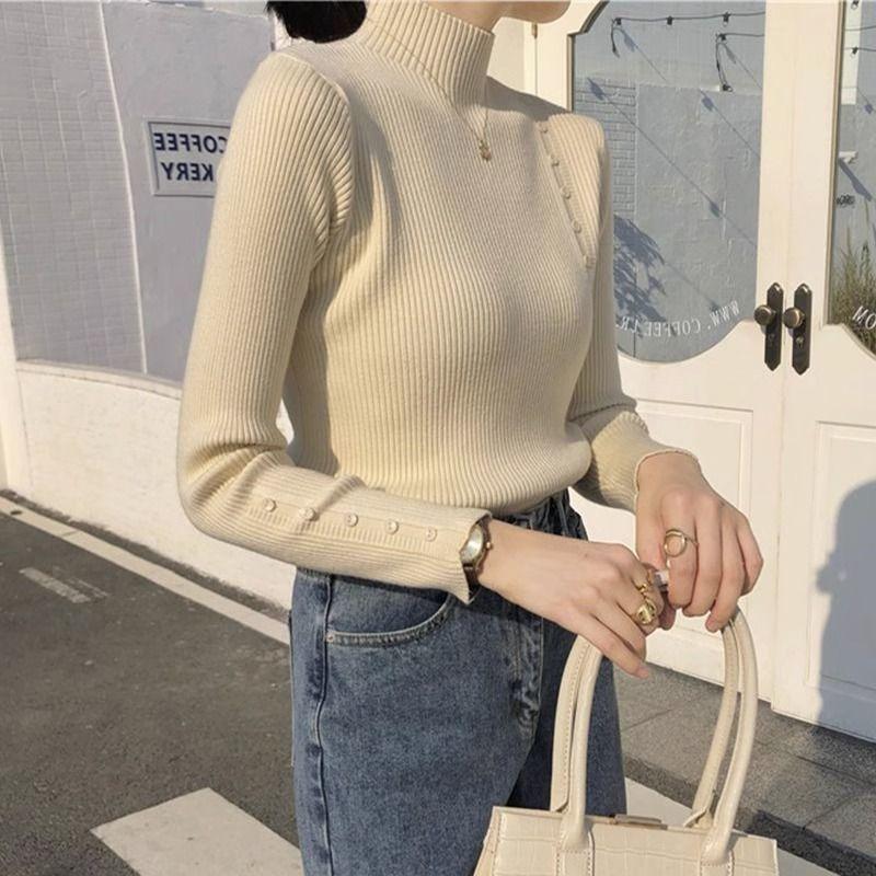 

Женский свитер с длинными рукавами и полувысоким воротом в стиле ретро, новая рубашка на пуговицах, стильный внутренний свитер one size бежевый
