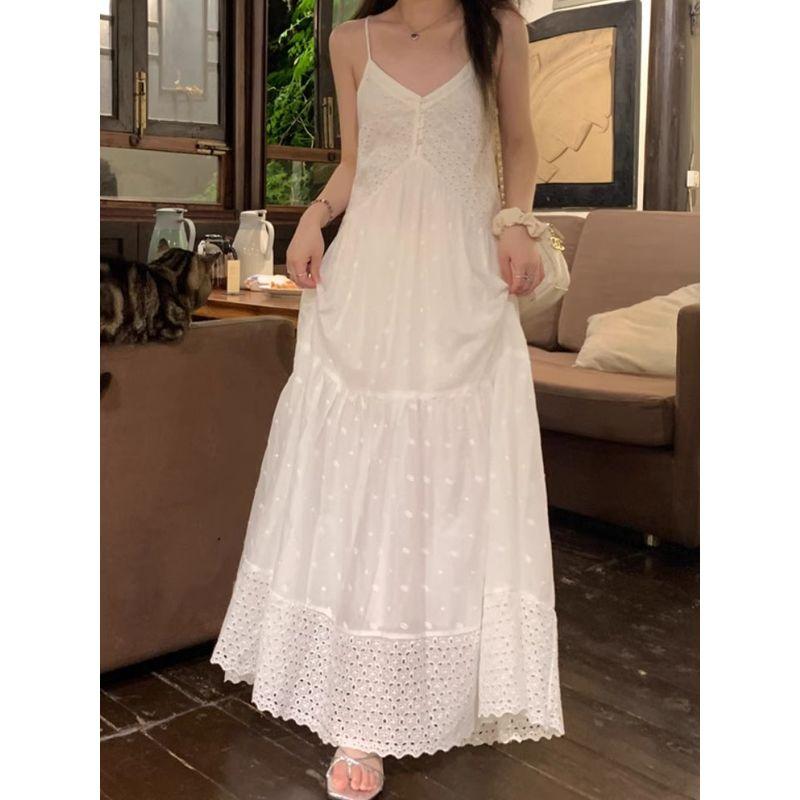 Kumikumi Gentle Style Hollow Lace Sling Dress Women Summer French Style Age-Reducing Drape A- Line Skirt Long Dress
