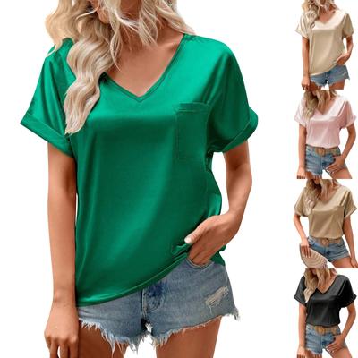 Nowa moda, modny damski top z dekoltem w serek, kieszenią i krótkim rękawem, luźny i swobodny